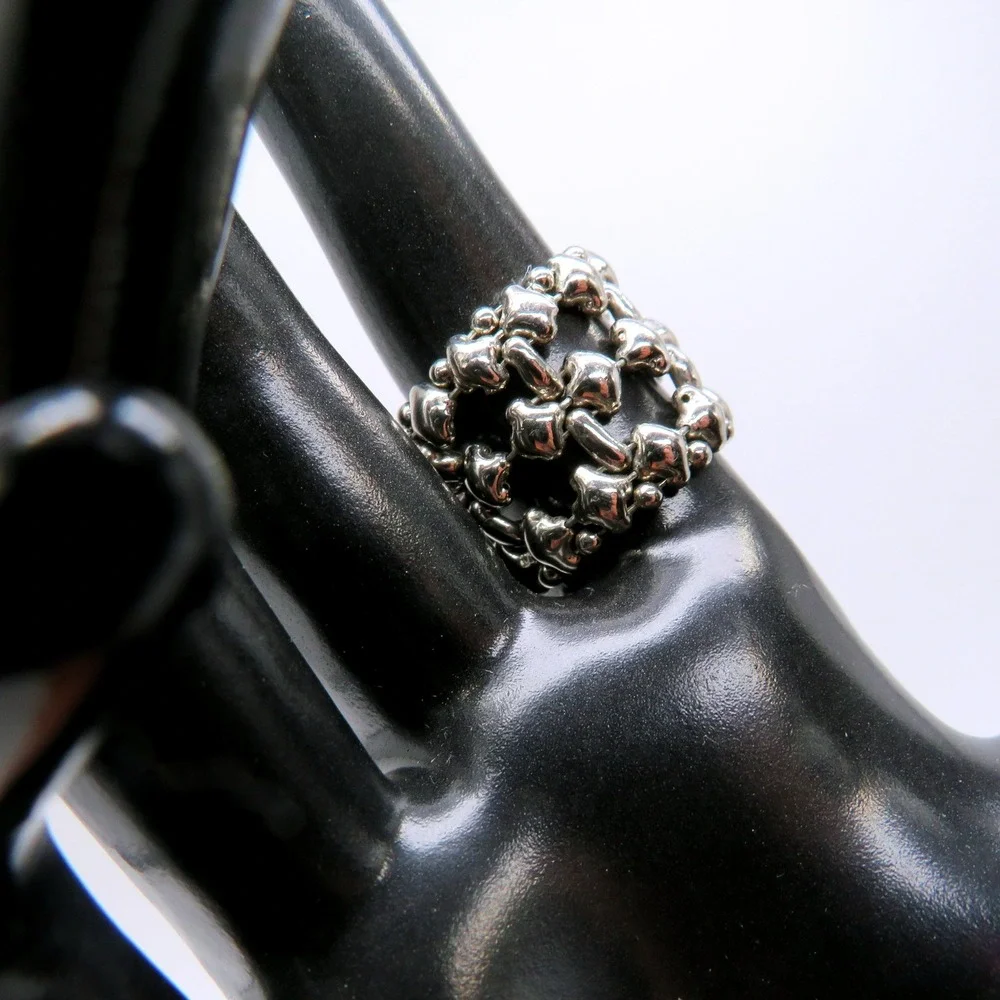 Silver Tone Beaded Mesh Stretch Statement Ring Industrial Modern Sculptural
